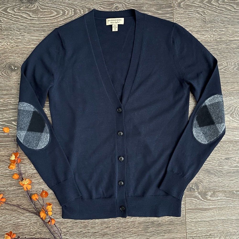 Burberry Check Detail Merino Wool Cardigan in Navy